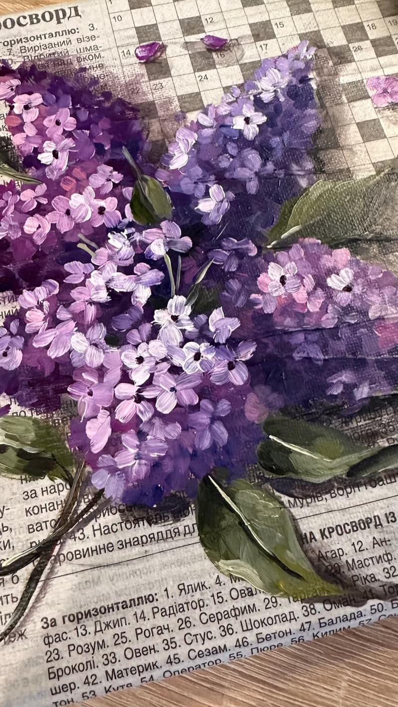 Bright Oil Painting with Lilac on the Paper