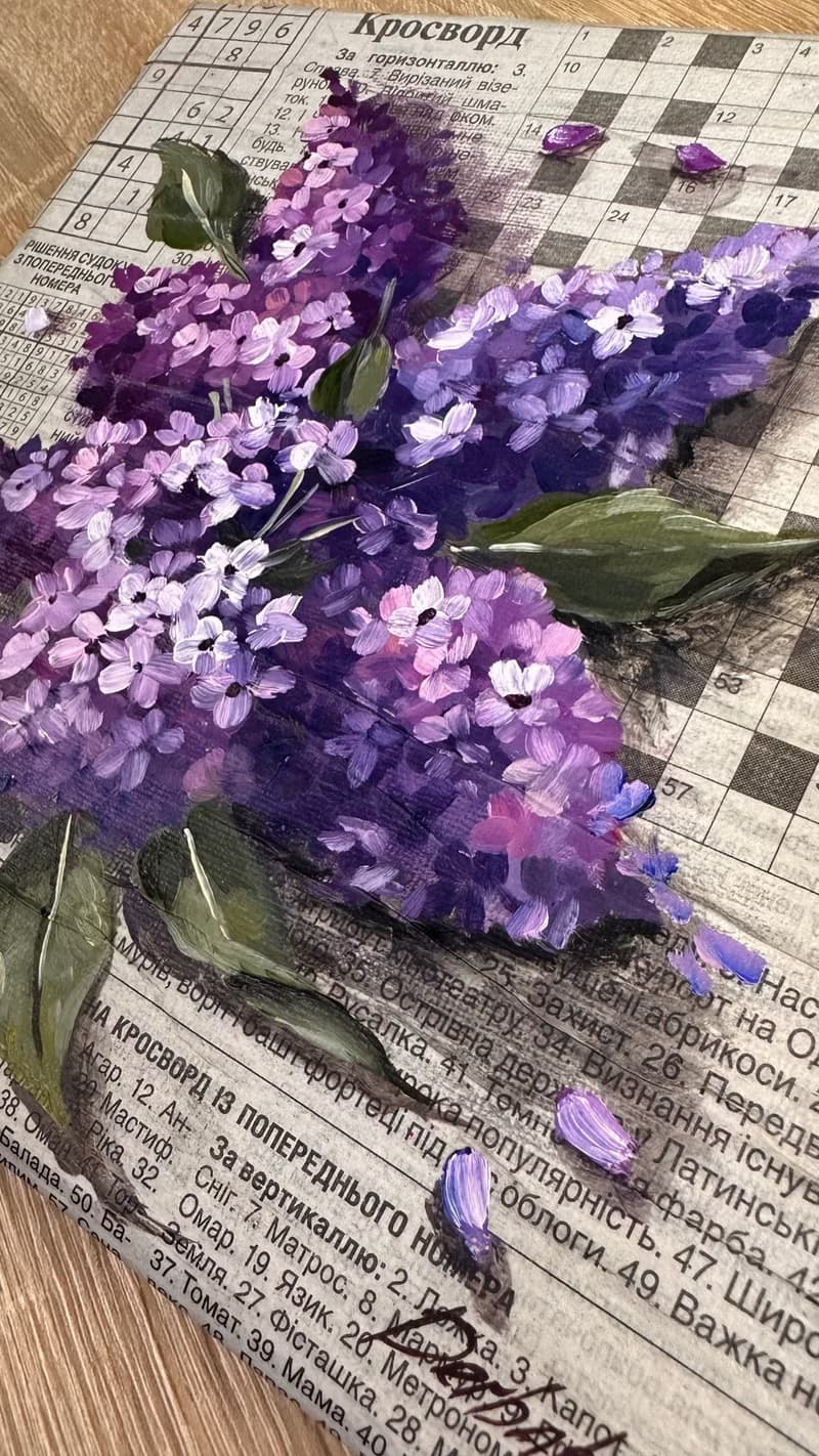 Bright Oil Painting with Lilac on the Paper