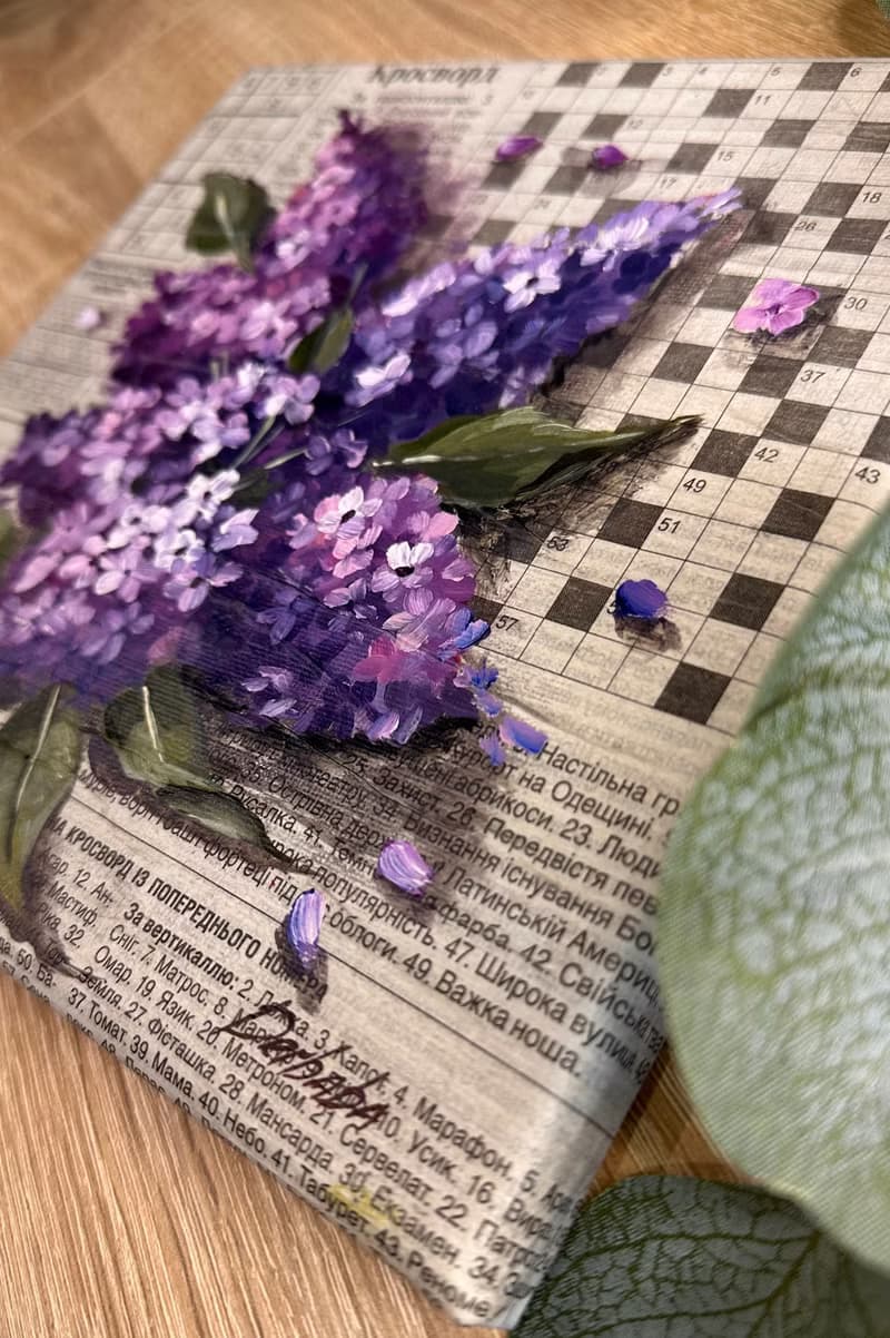 Bright Oil Painting with Lilac on the Paper