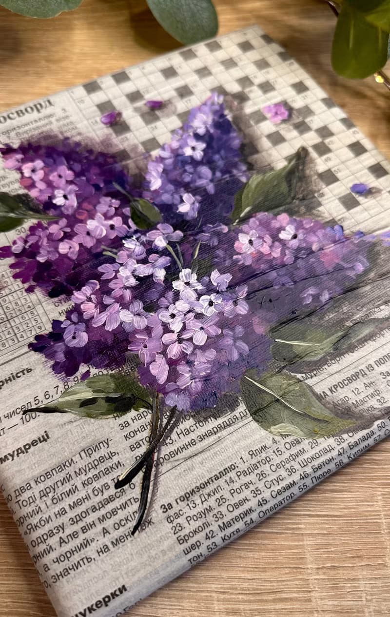 Bright Oil Painting with Lilac on the Paper
