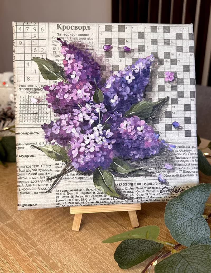 Bright Oil Painting with Lilac on the Paper