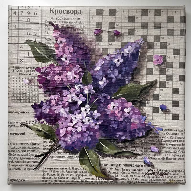 Bright Oil Painting with Lilac on the Paper