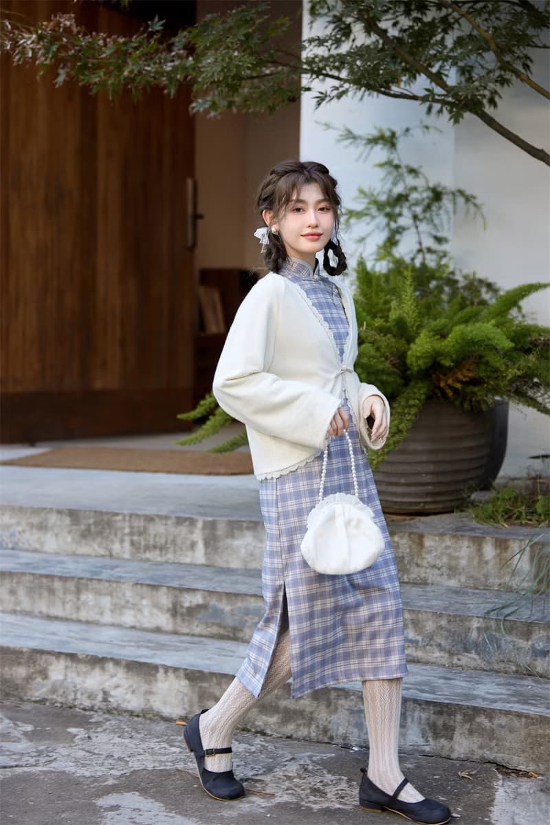 藍色格紋 修身中長款低開衩旗袍 新中式中秋春節改良連身裙洋裝