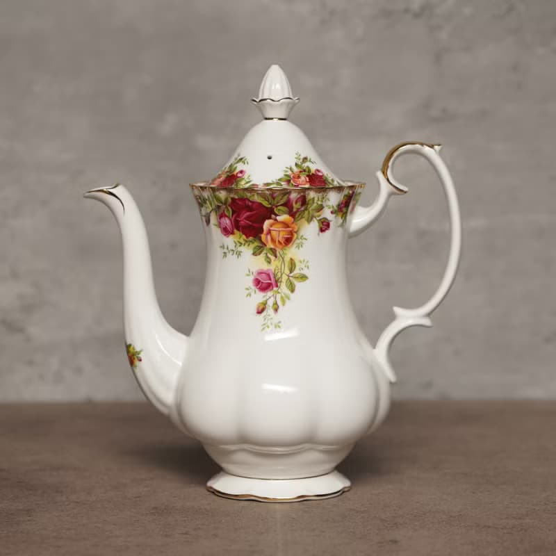 英國Royal Albert鄉村玫瑰22K金雙人午茶組(壺+杯+碟+盤)老鎮玫瑰