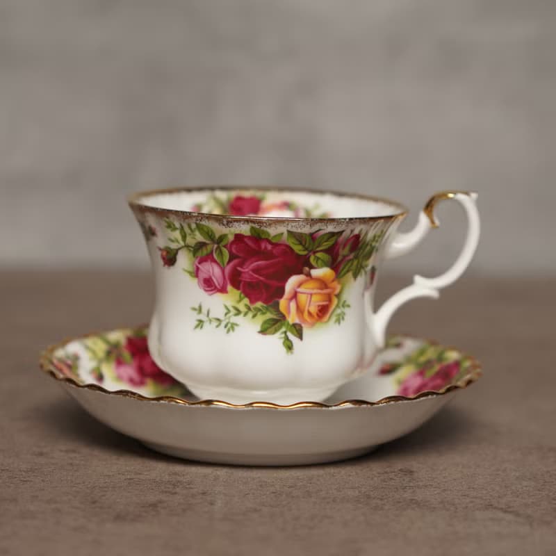 英國Royal Albert鄉村玫瑰22K金雙人午茶組(壺+杯+碟+盤)老鎮玫瑰