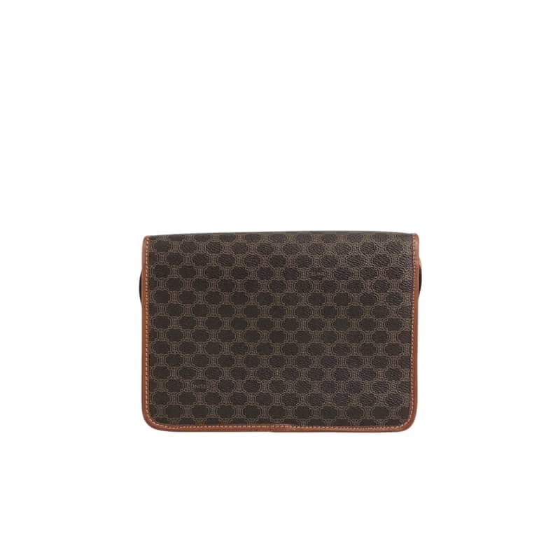 【 日本直送　名牌中古包 】CELINE セリーヌ マカダム ショルダーバッグ ブラウン ブラゾン型押し PVC/レザー vintage オールド ix2eki