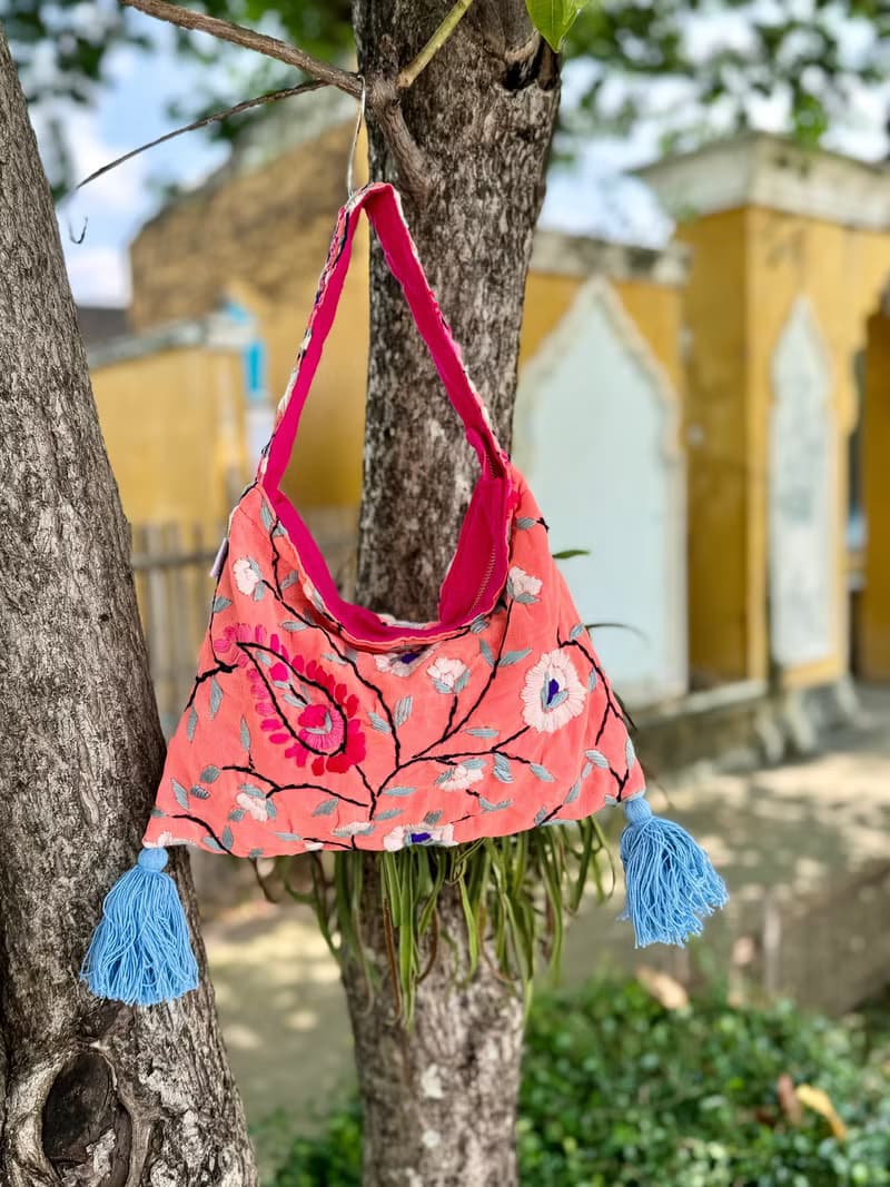 手工刺繡 粉橙色 花卉 肩背包 側背包 手袋 手提包