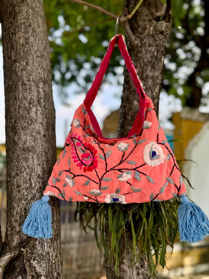 手工刺繡 粉橙色 花卉 肩背包 側背包 手袋 手提包