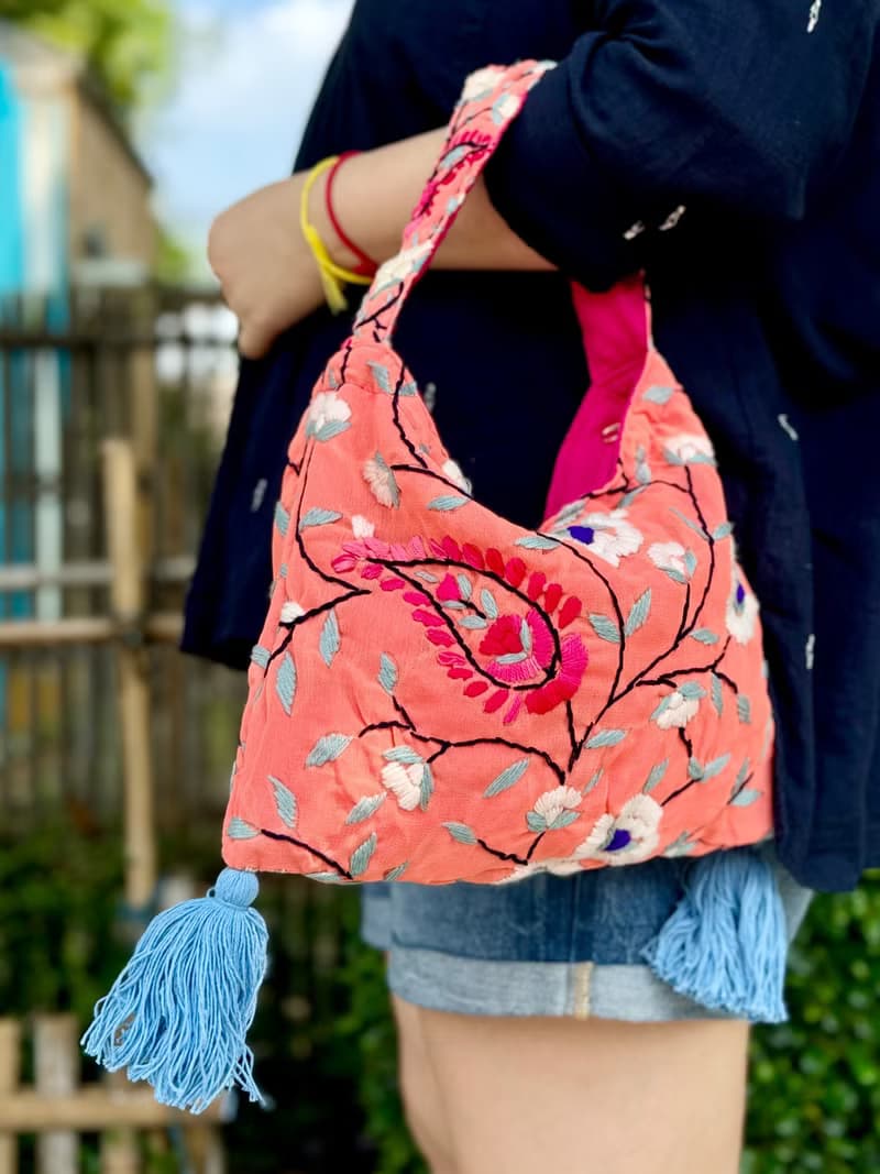 手工刺繡 粉橙色 花卉 肩背包 側背包 手袋 手提包