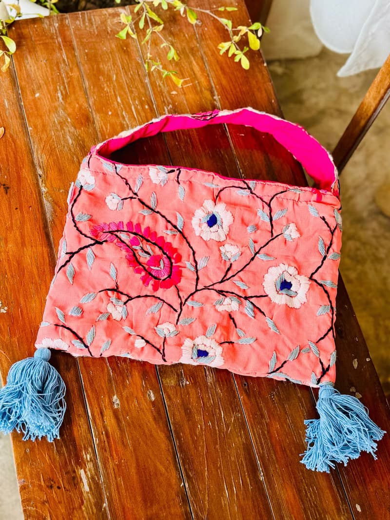 手工刺繡 粉橙色 花卉 肩背包 側背包 手袋 手提包