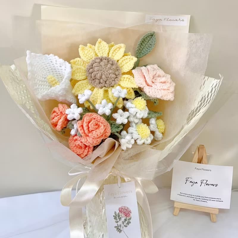 奶油向日葵 畢業花束  編織花 鉤織花 針織花 生日花束 畢業季七