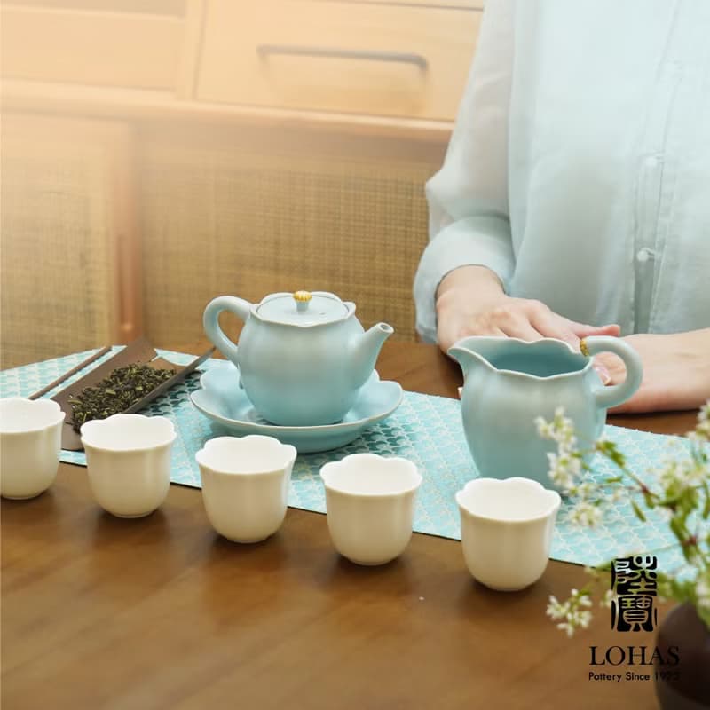 陸寶 吉相伴茶組 天青色 1壺1海6杯+壺承 茶具組