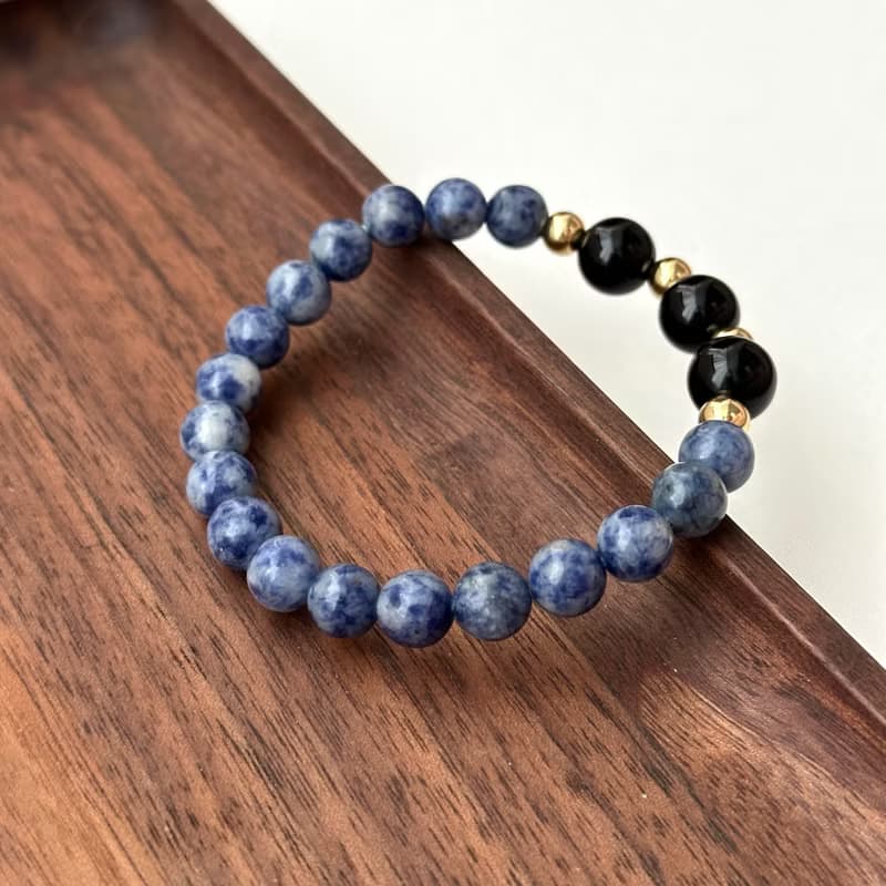 【釐清自我】藍紋石黑瑪瑙簡約鍍金手鏈 驅除壓力 堅定勇氣防小人