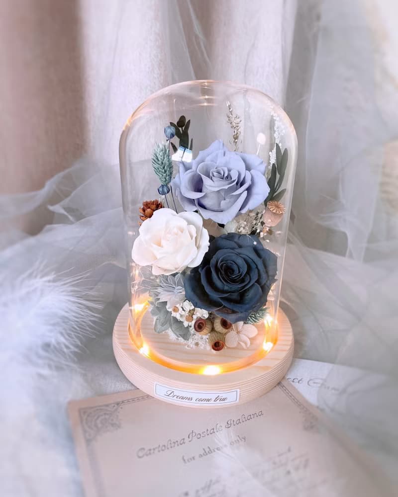 永生花玻璃盅-典雅霧灰藍 l 日本玫瑰 乾燥花玻璃罩 永生花玻璃罩