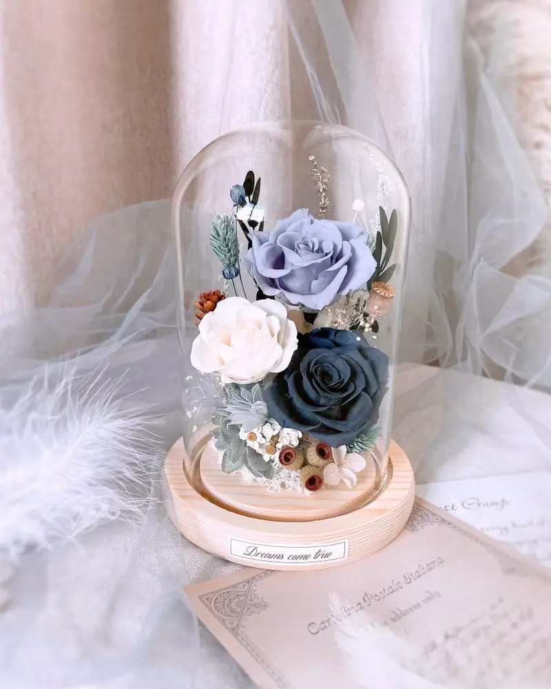 永生花玻璃盅-典雅霧灰藍 l 日本玫瑰 乾燥花玻璃罩 永生花玻璃罩