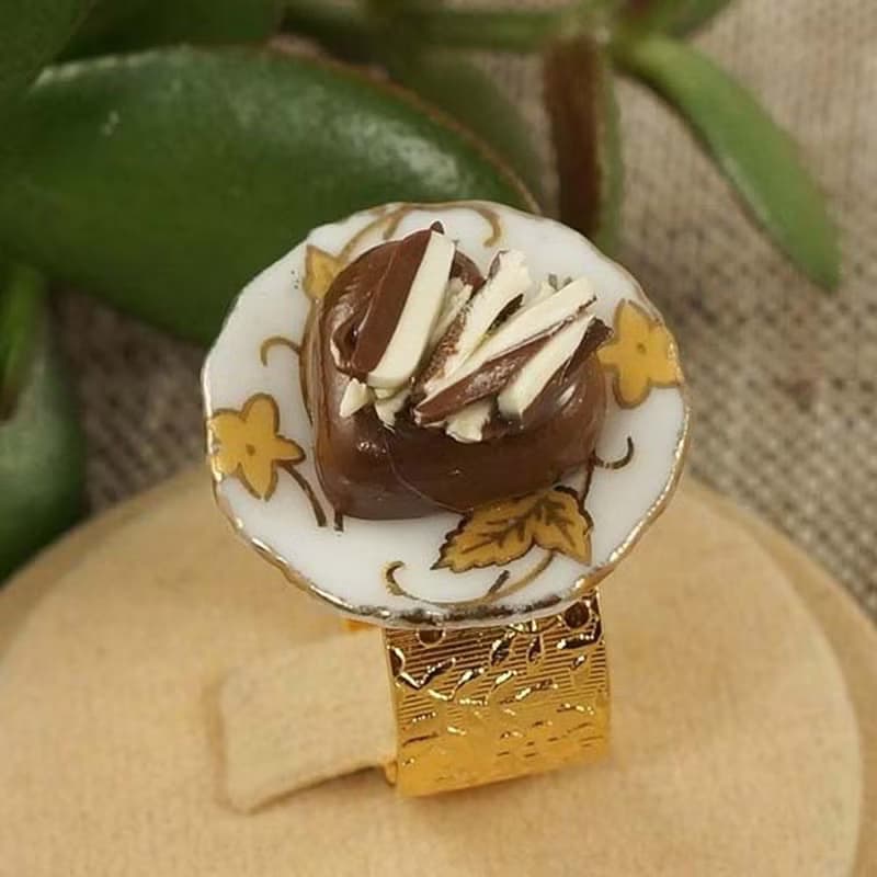 Chocolate Cake Porcelain Plate Food Miniature Golden Adjustable Ring Jewelry