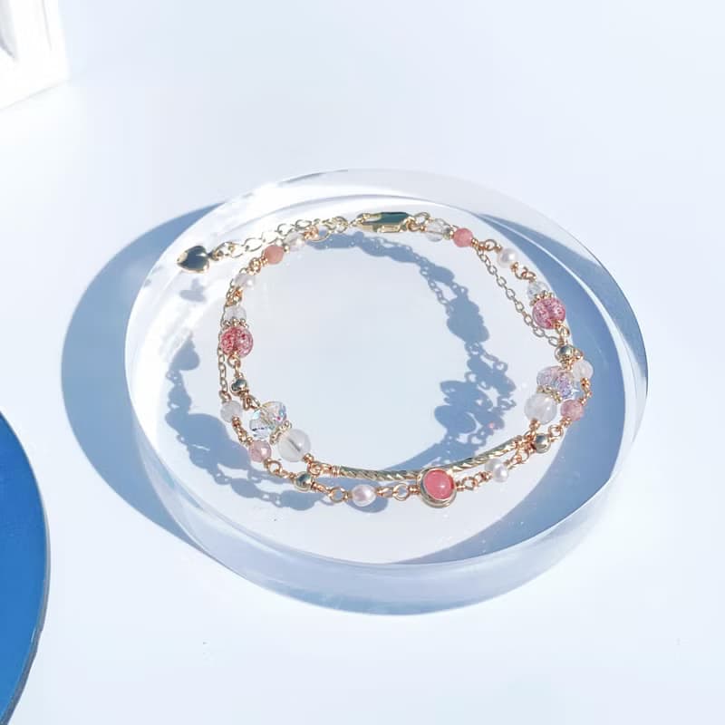 紅紋石 草莓晶 月光石 淡水珍珠 14K包金雙層手鍊