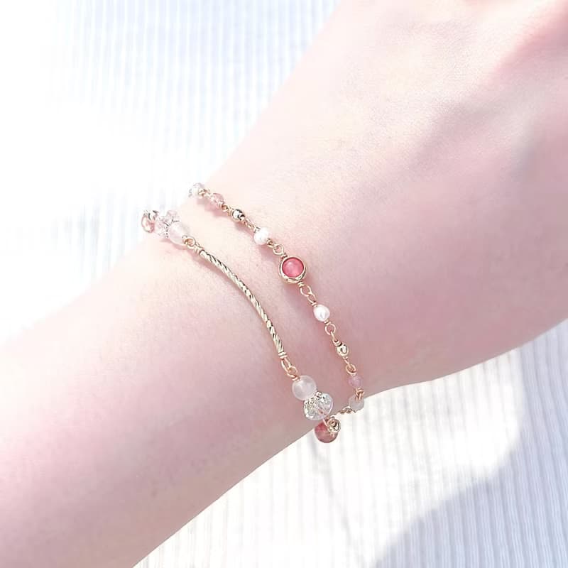 紅紋石 草莓晶 月光石 淡水珍珠 14K包金雙層手鍊