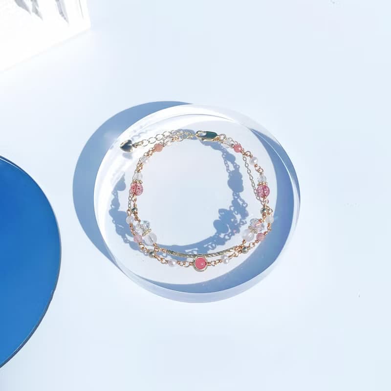 紅紋石 草莓晶 月光石 淡水珍珠 14K包金雙層手鍊