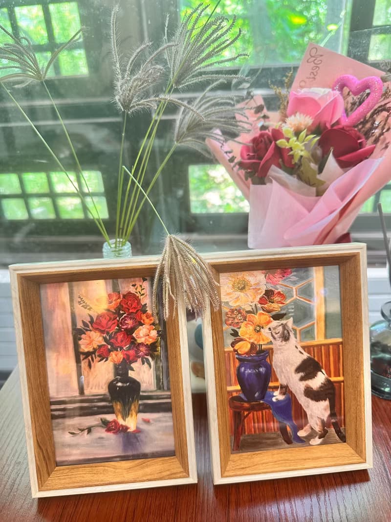 意樹學院—原創油畫相框一組 窗邊花束+花與貓