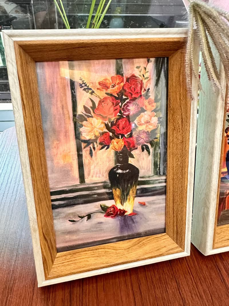 意樹學院—原創油畫相框一組 窗邊花束+花與貓