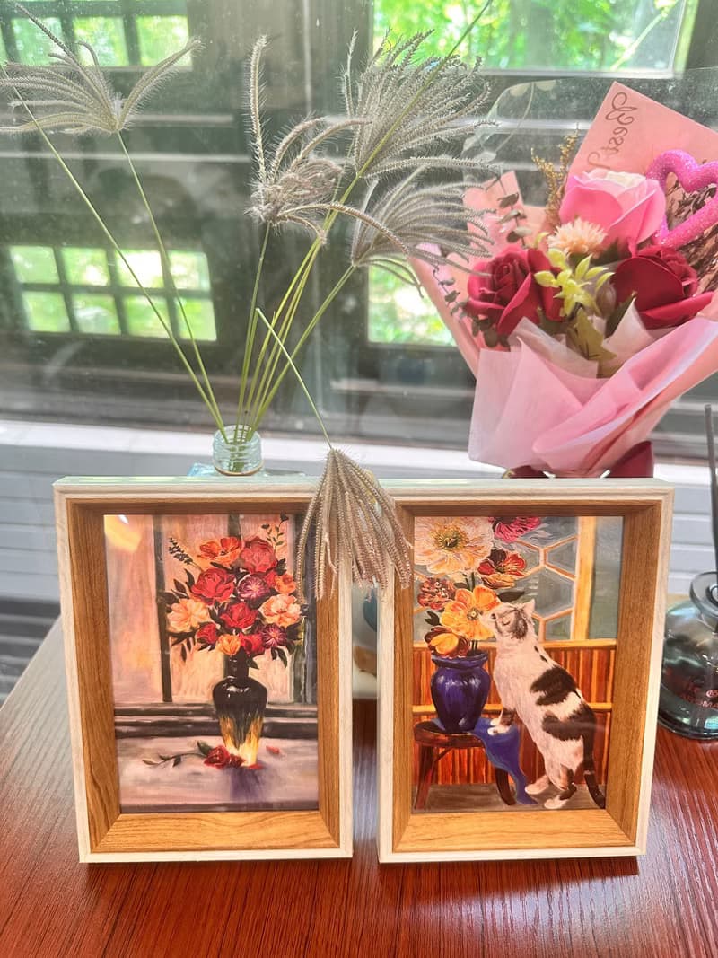 意樹學院—原創油畫相框一組 窗邊花束+花與貓
