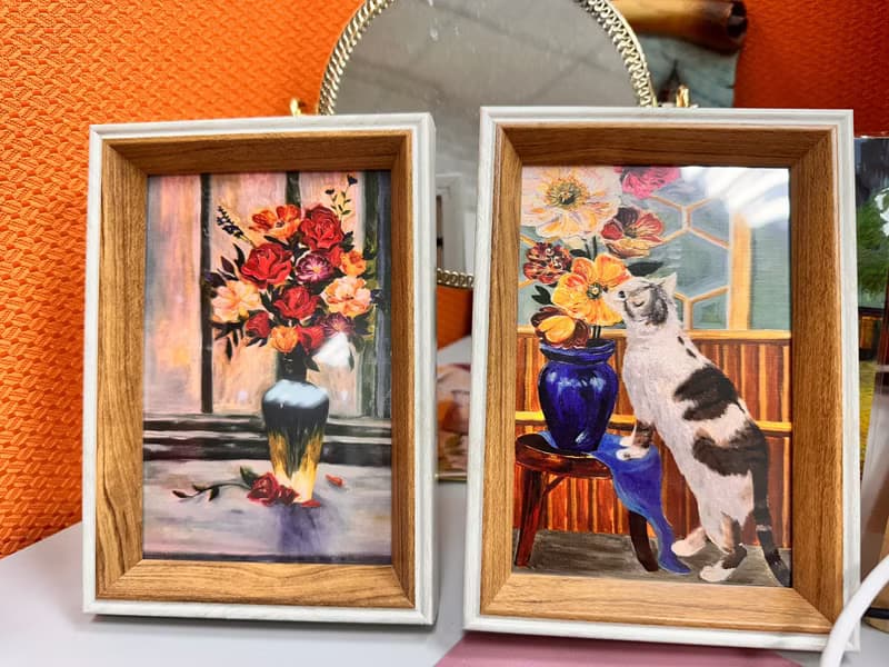 意樹學院—原創油畫相框一組 窗邊花束+花與貓