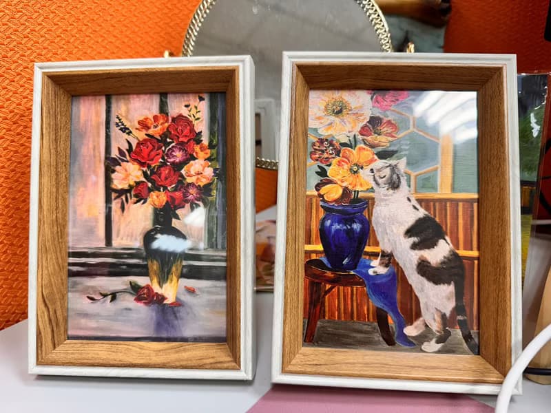 意樹學院—原創油畫相框一組 窗邊花束+花與貓