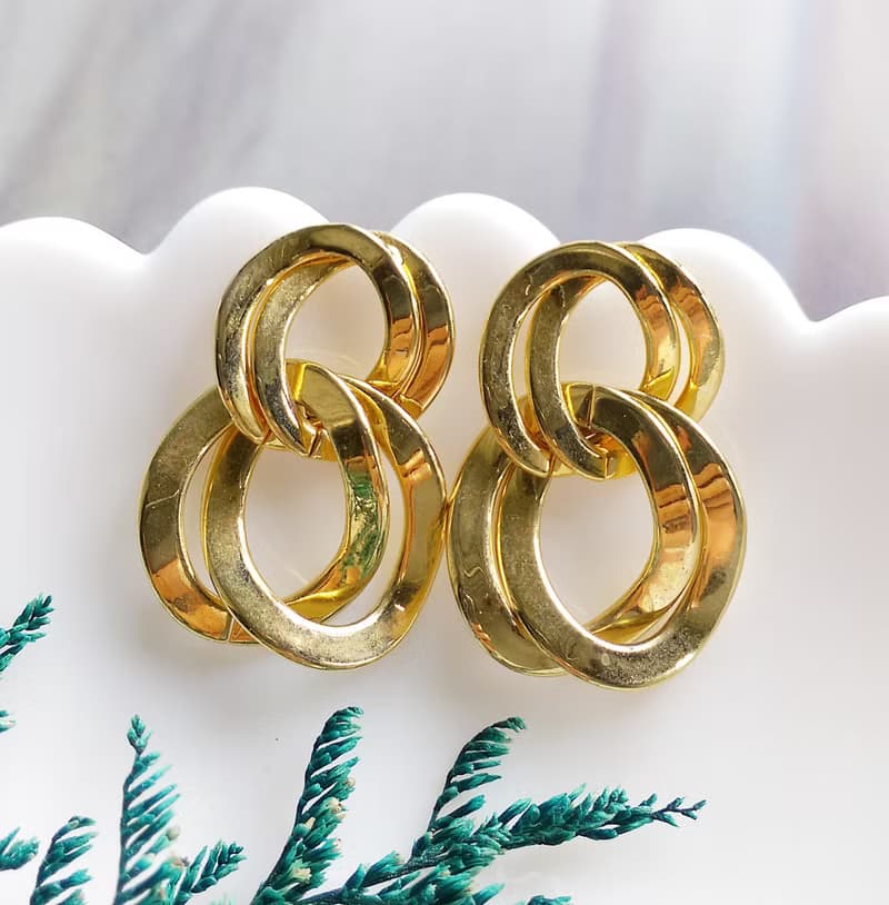 Vintage Jewelry 西洋古董飾品 金色調 垂墜 雙雙圈  針式耳環
