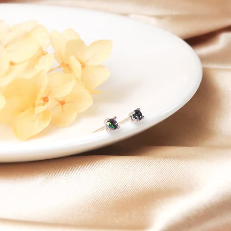 極光黑 圓形純銀 3mm 單鑽耳環 爪鑲 925純銀 女生耳環 男生耳環