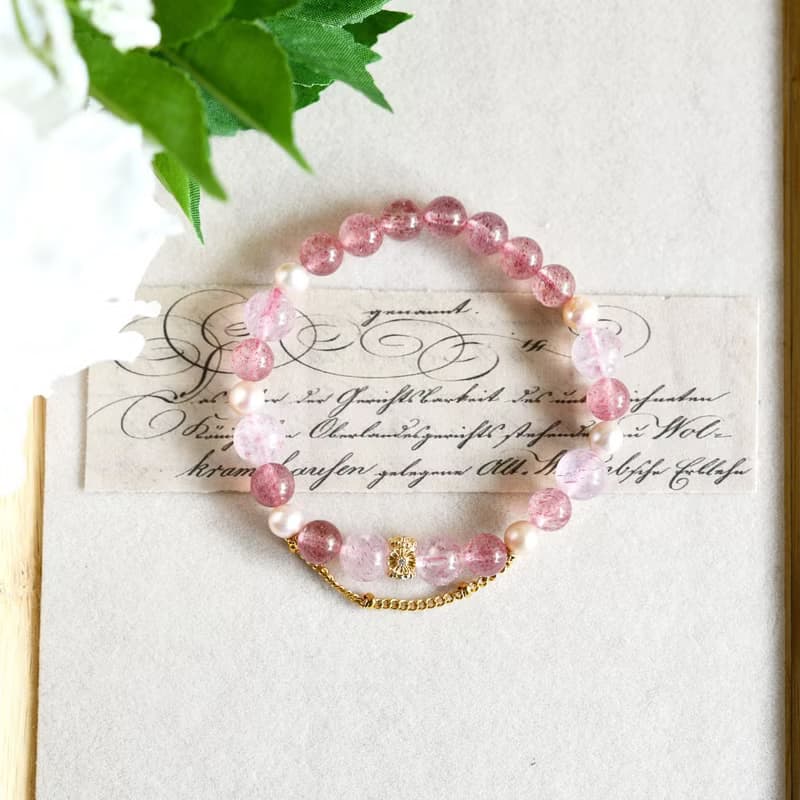 桜色 2種類ストロベリークォーツとパールのブレスレット1本