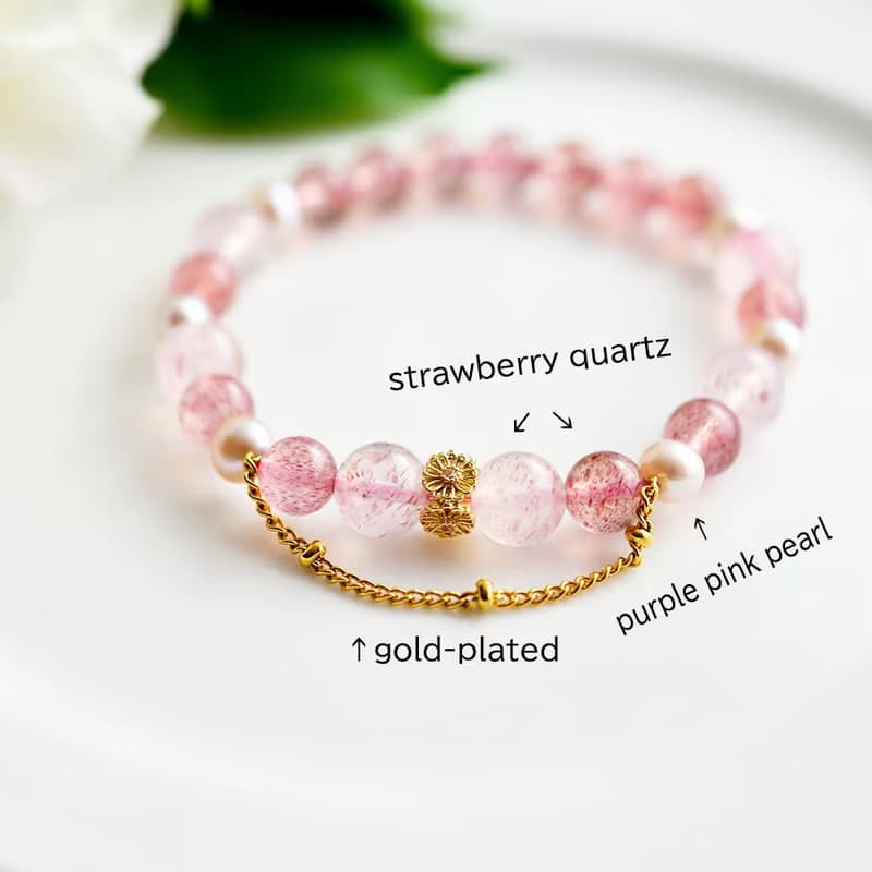 桜色 2種類ストロベリークォーツとパールのブレスレット1本
