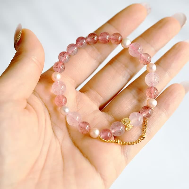 桜色 2種類ストロベリークォーツとパールのブレスレット1本
