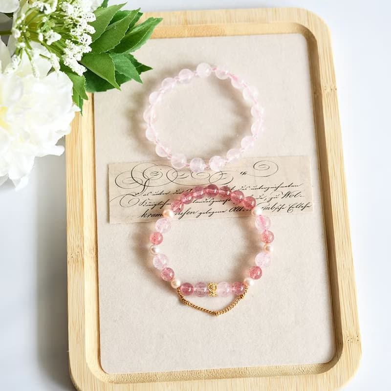 桜色 2種類ストロベリークォーツとパールのブレスレット1本