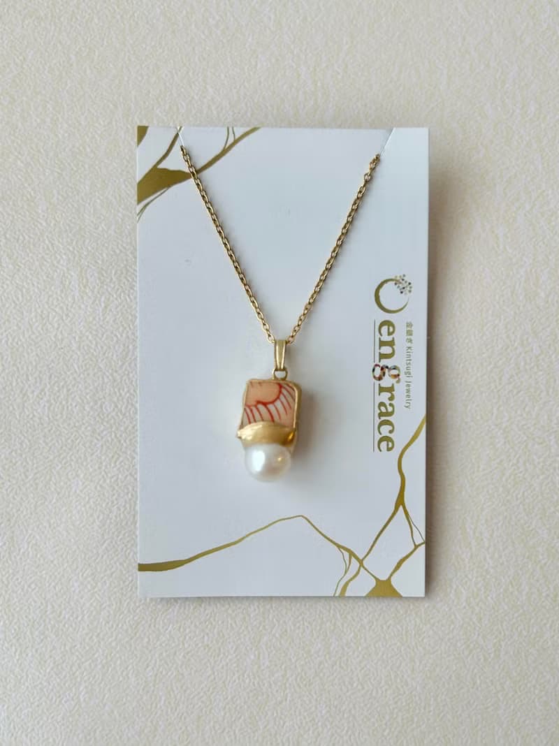 有田焼　金継ぎ　ネックレス　サージカルステンレスチェーン　アレルギー対応　18K　ピンク花柄　淡水パール　天然石　伝統工芸　No.78