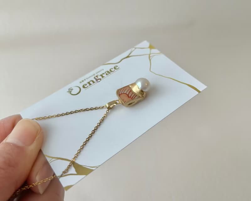有田焼　金継ぎ　ネックレス　サージカルステンレスチェーン　アレルギー対応　18K　ピンク花柄　淡水パール　天然石　伝統工芸　No.78