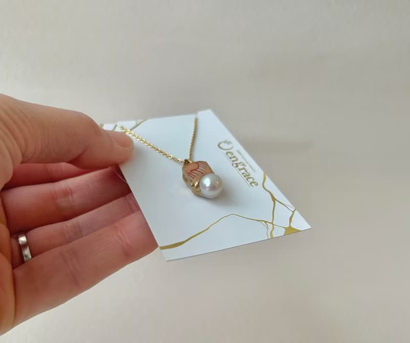 有田焼　金継ぎ　ネックレス　サージカルステンレスチェーン　アレルギー対応　18K　ピンク花柄　淡水パール　天然石　伝統工芸　No.78