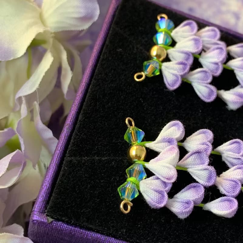 (紫藤 藤の花) 細工布花 花簾 耳針/耳夾 紫色優雅 つまみ細工