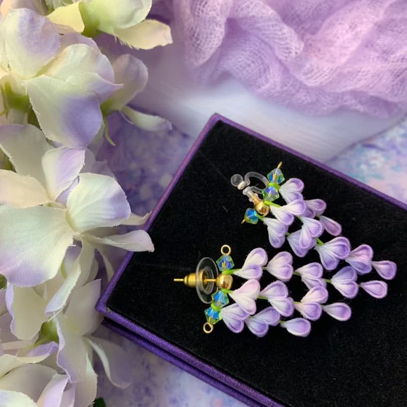 (紫藤 藤の花) 細工布花 花簾 耳針/耳夾 紫色優雅 つまみ細工