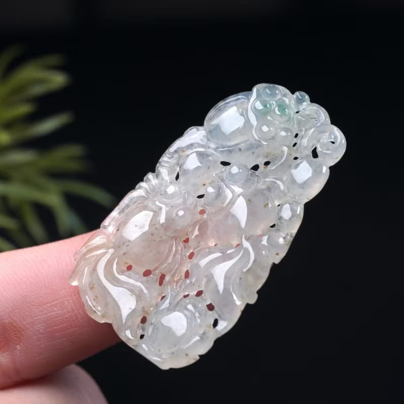 冰種飄綠花翡翠荷包有魚項鍊 | 天然緬甸玉翡翠A貨 | 送禮