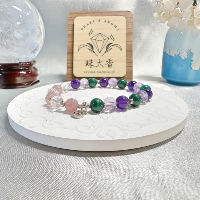 衡月星韻 — 孔雀石、紫水晶、馬達加斯加粉晶、白水晶、925純銀