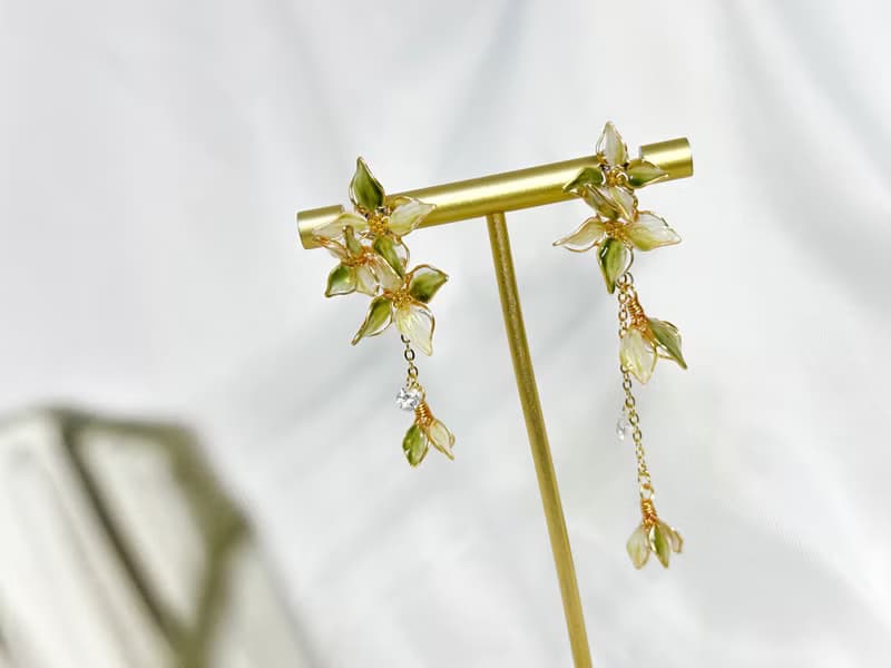 耳針x耳夾水晶花__星空の葉(垂墜可拆款_森色綠)_光點飾品