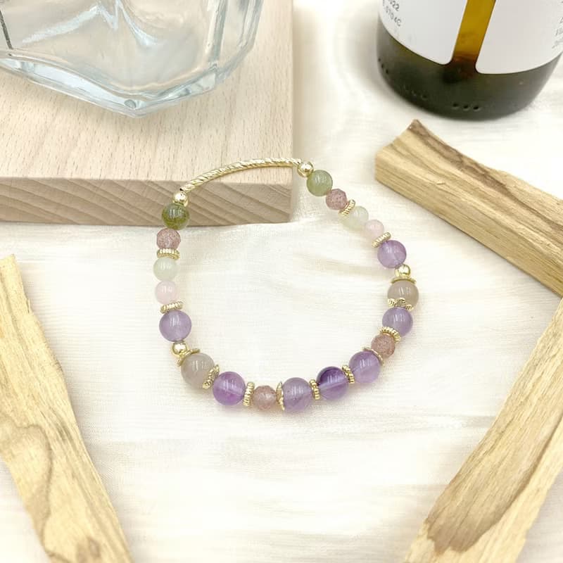 藍花楹 / 紫水晶 櫻花瑪瑙 摩根石 草莓晶 沙弗萊 水晶手鍊