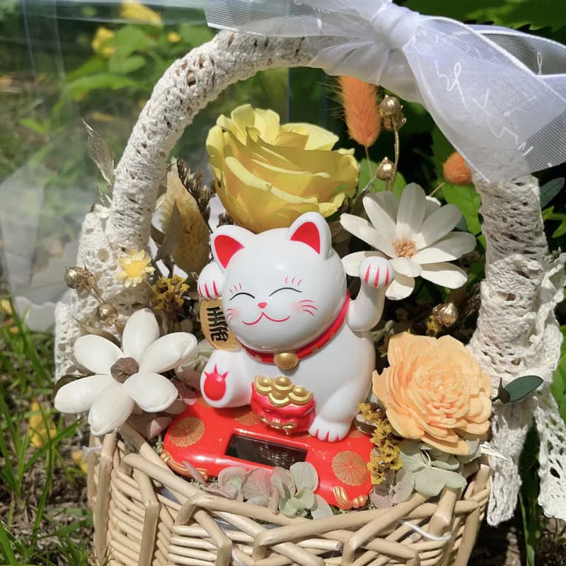 可急單 福運花開 招財貓 永生花 開運禮物 招財貓玫瑰永生花籃