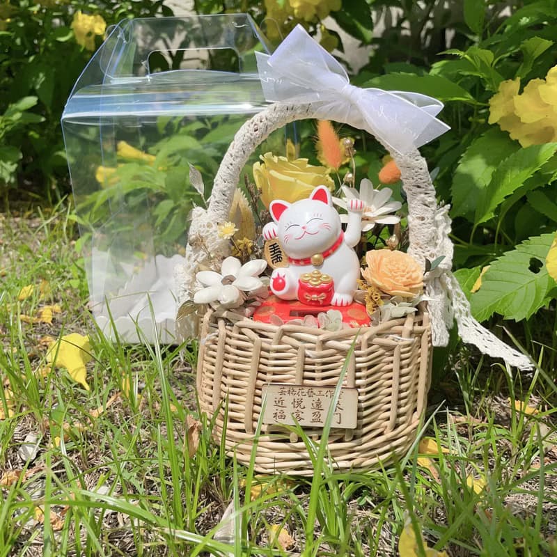 可急單 福運花開 招財貓 永生花 開運禮物 招財貓玫瑰永生花籃
