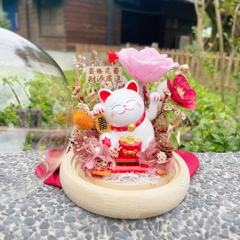 可急單 福運花開 招財貓 永生花 開運禮物 招財貓玫瑰永生花籃