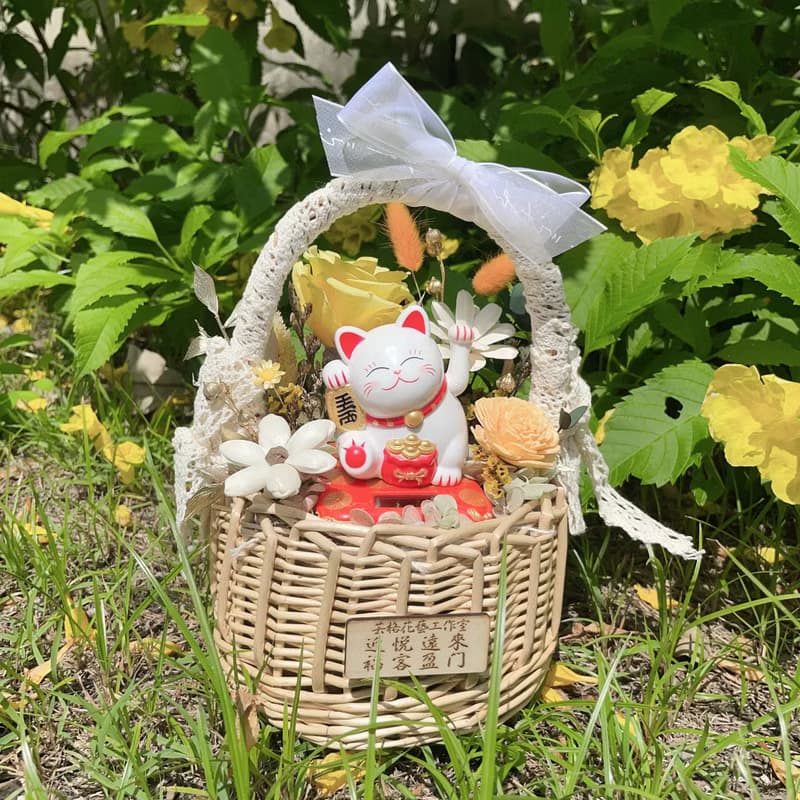 可急單 福運花開 招財貓 永生花 開運禮物 招財貓玫瑰永生花籃