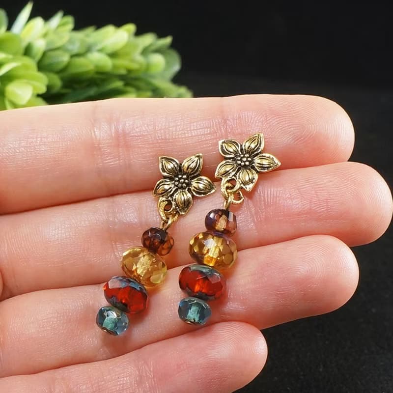 Multi Color Czech Glass Earrings Golden Floral Flower Earrings Woman Jewelry