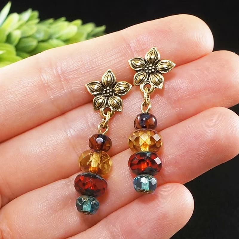 Multi Color Czech Glass Earrings Golden Floral Flower Earrings Woman Jewelry