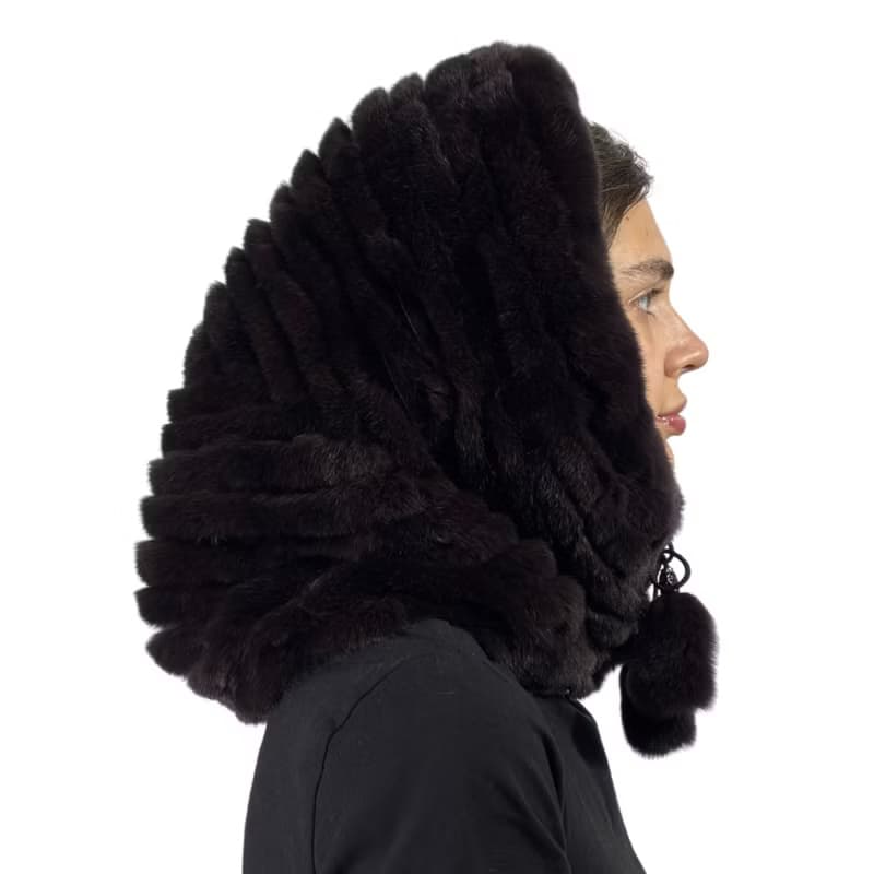 Womens Rabbit Fur Hood Hat Winter Real Fur Hood Luxury Fur Scarf Hat